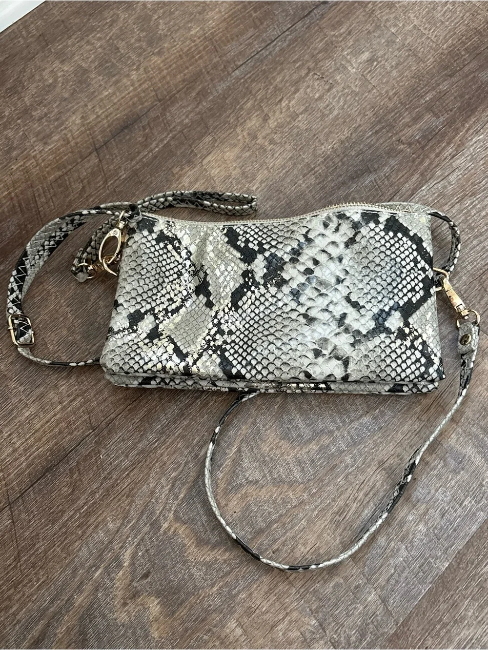 Python-Print Crossbody Wristlet in Black and Cream